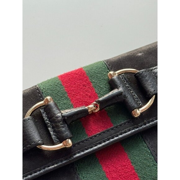 GUCCI 1953 Black Sueded Leather Striped Web Horsebit Continental Flap Wallet - Picture 6 of 16